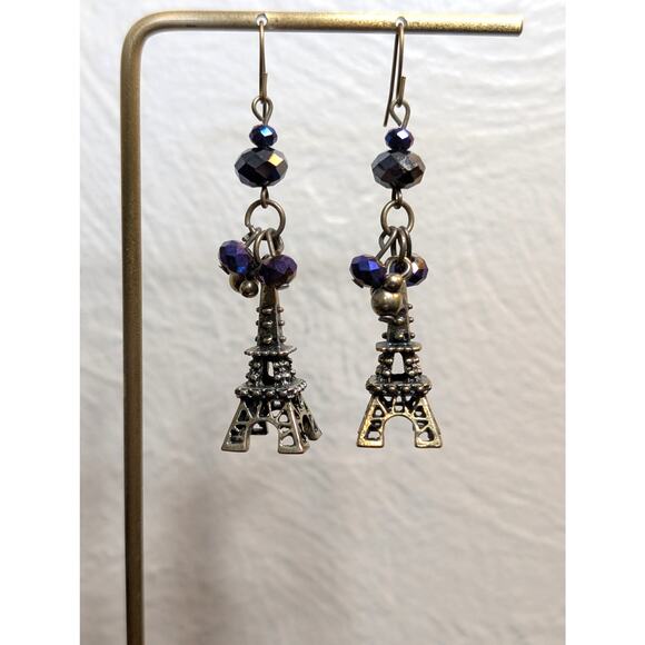 Eiffel Tower Antique Gold Tone Purple Crystal Cluster Dangle Earrings - Picture 2 of 5